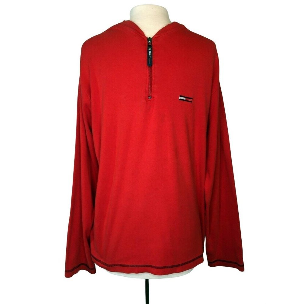 Tommy Hilfiger Jeans Mens Pullover Extra Large 1/4 Zip Red Cotton Long Sleeve - Picture 1 of 8